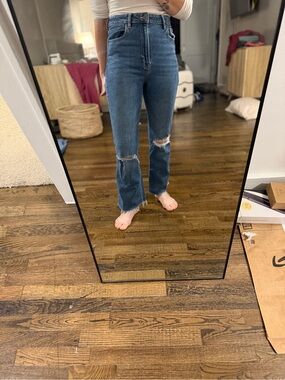 High-Rise Straight Leg Jeans with Knee Distress - Medium Blue